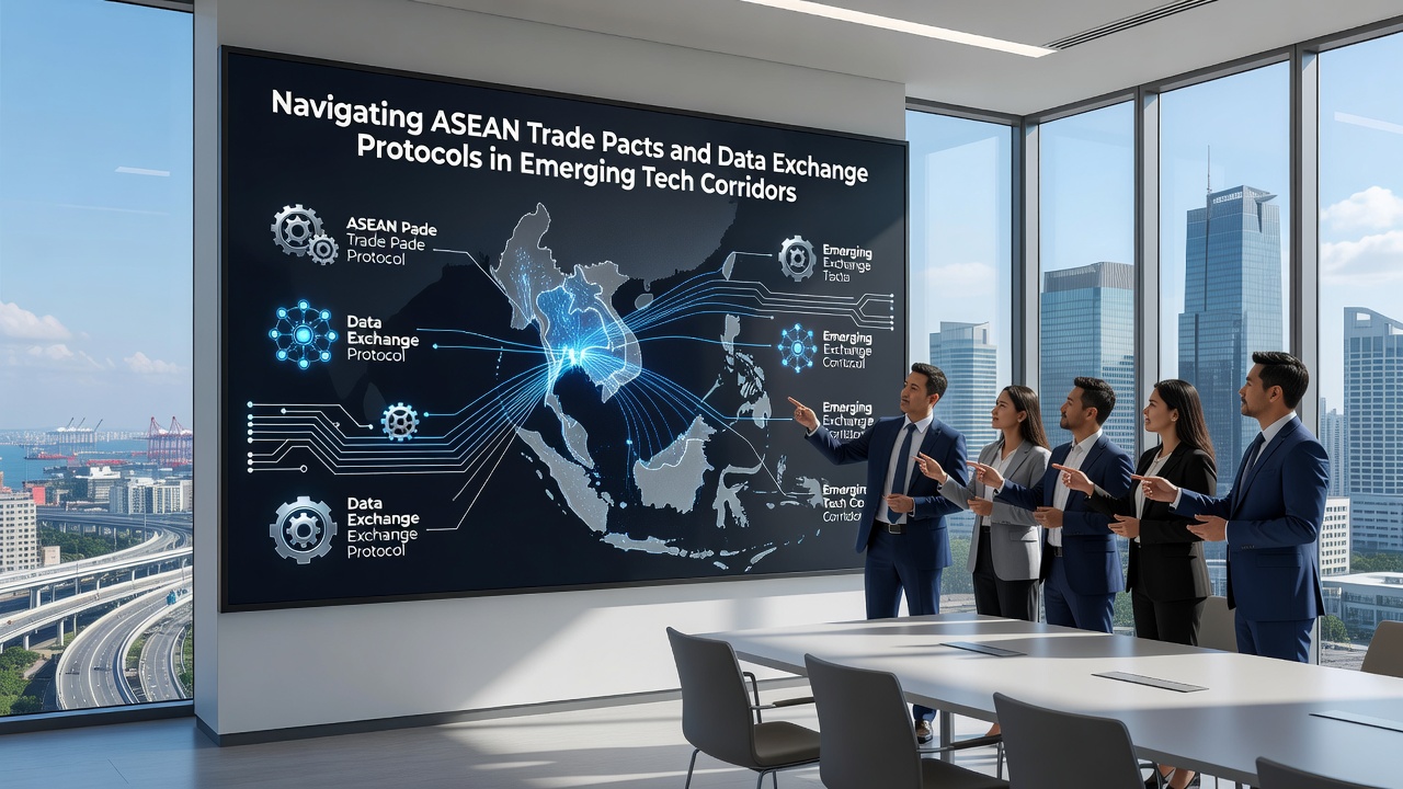 Technicians monitoring data exchange systems inside a high-tech facility along an ASEAN corridor